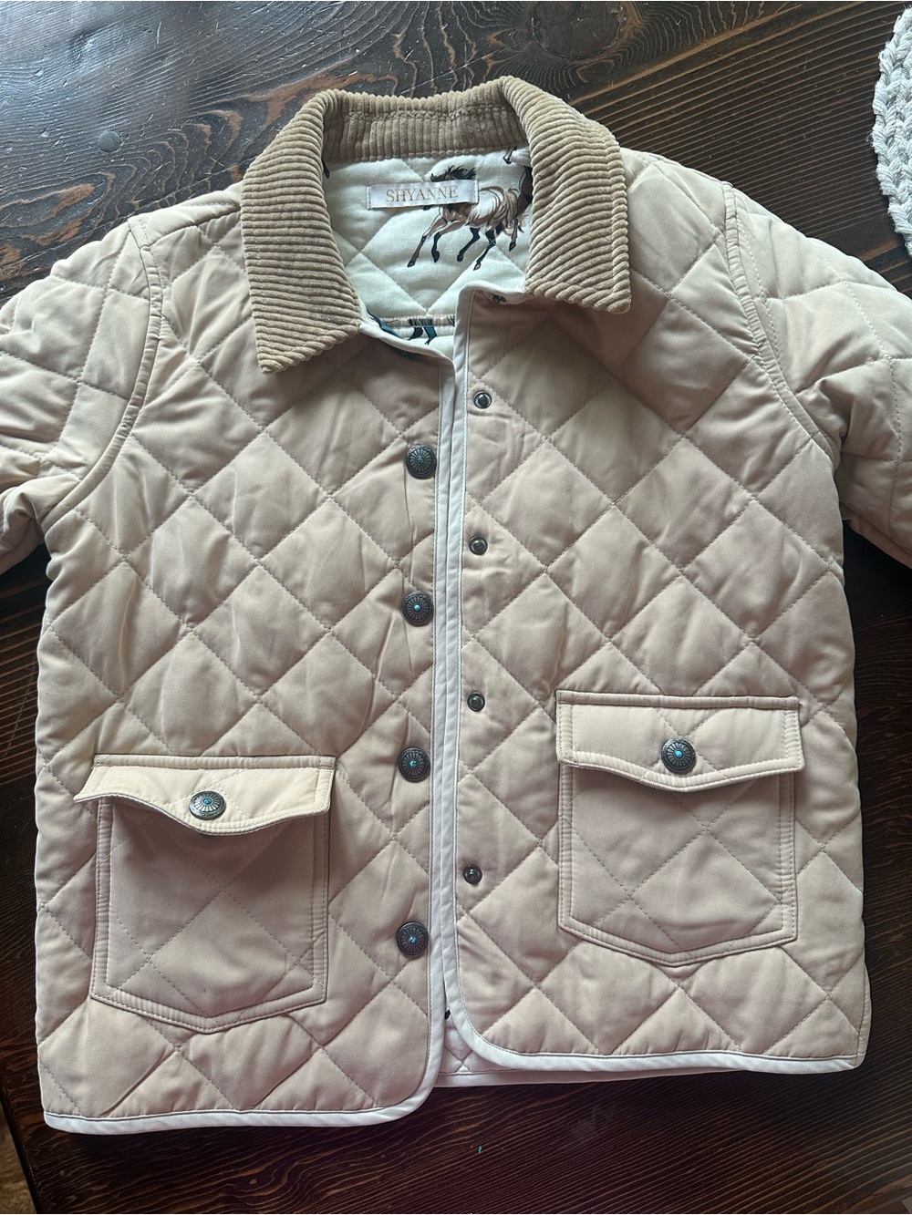 Kids Shyanne Quilted Tan Horse Jacket with Corduroy Collar